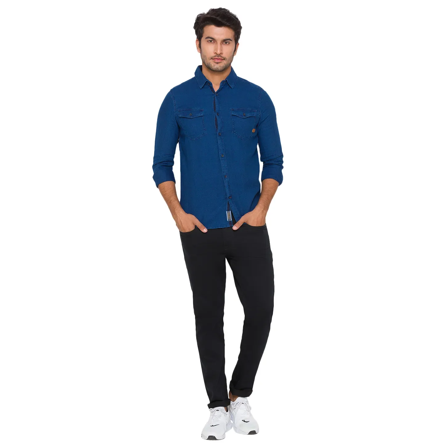 Blue Slim Straight Fit Regular Collar Long Sleeves Cotton Men's Shirt by Being Human Clothing - Image 5