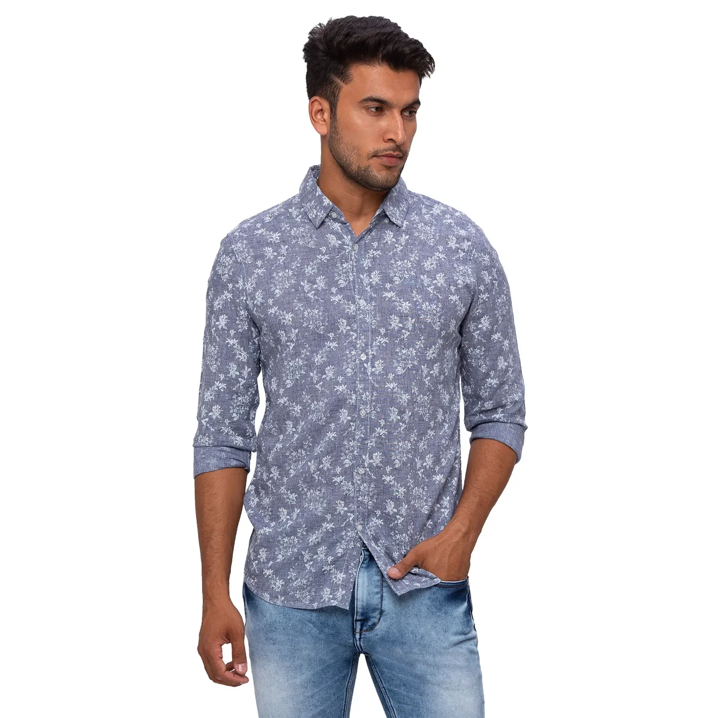 Blue Slim Straight Fit Regular Collar Long Sleeves Cotton Men's Shirt by Being Human Clothing