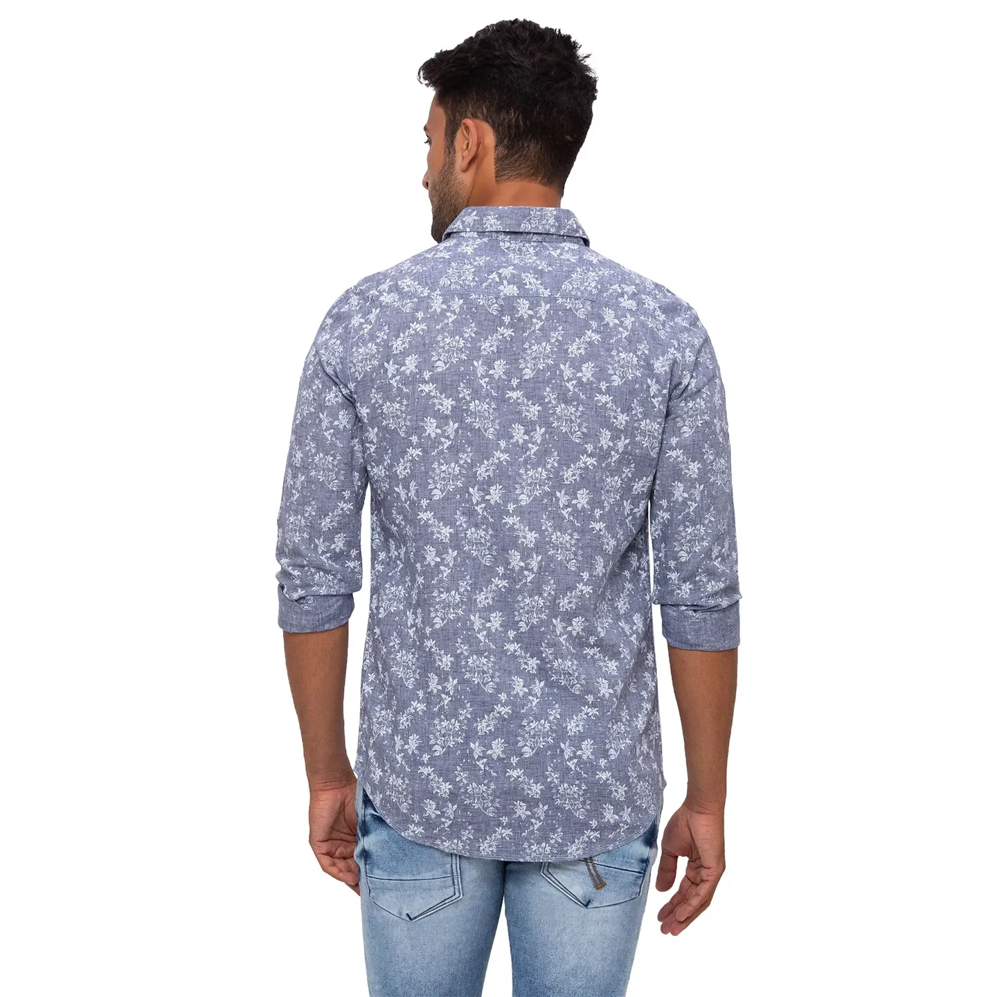 Blue Slim Straight Fit Regular Collar Long Sleeves Cotton Men's Shirt by Being Human Clothing - Image 4