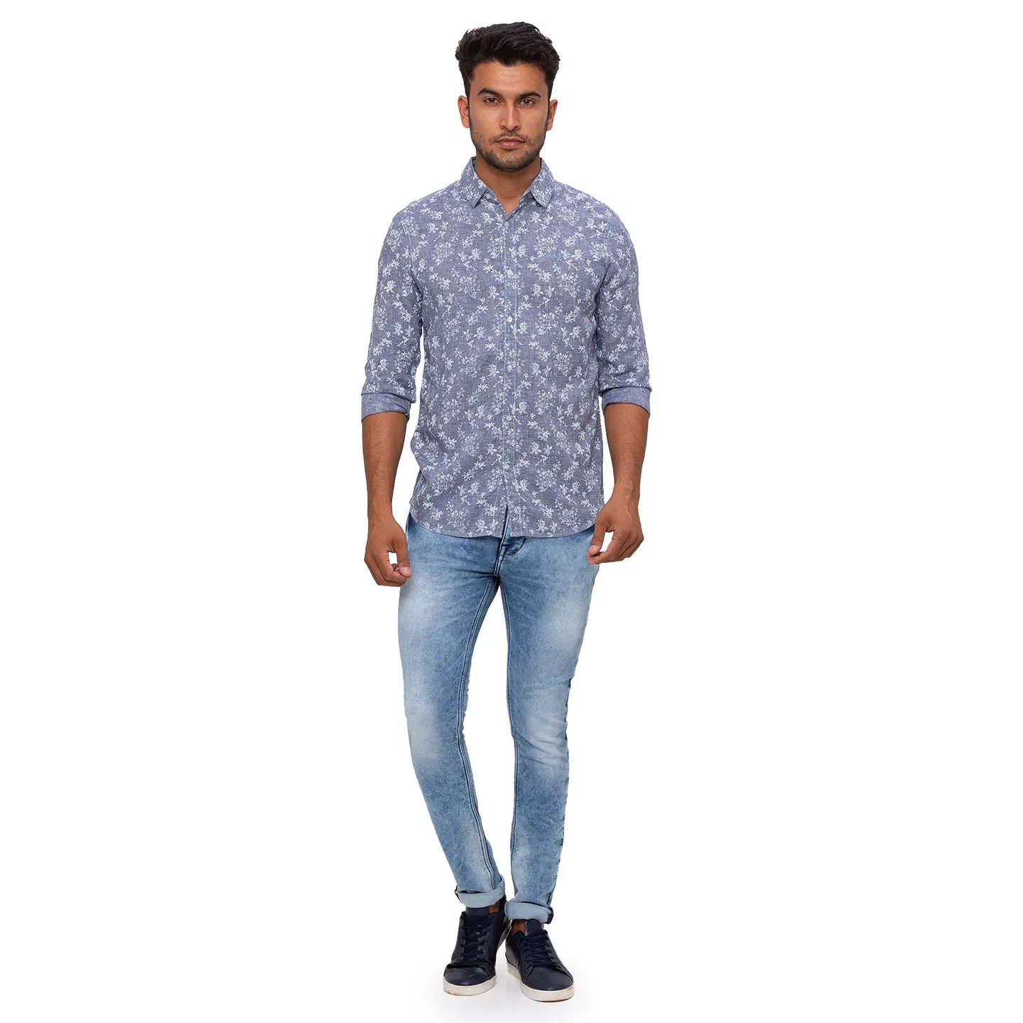 Blue Slim Straight Fit Regular Collar Long Sleeves Cotton Men's Shirt by Being Human Clothing - Image 5