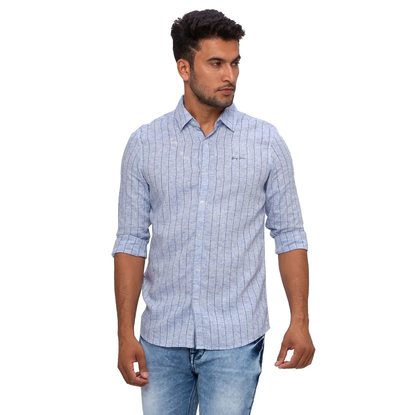 Blue Slim Straight Fit Regular Collar Long Sleeves Cotton Men's Shirt by Being Human Clothing