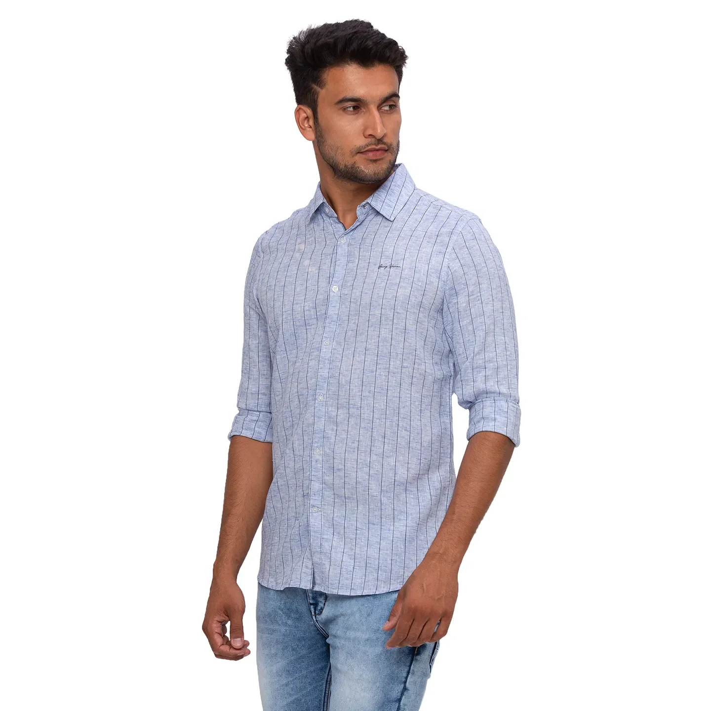 Blue Slim Straight Fit Regular Collar Long Sleeves Cotton Men's Shirt by Being Human Clothing - Image 2