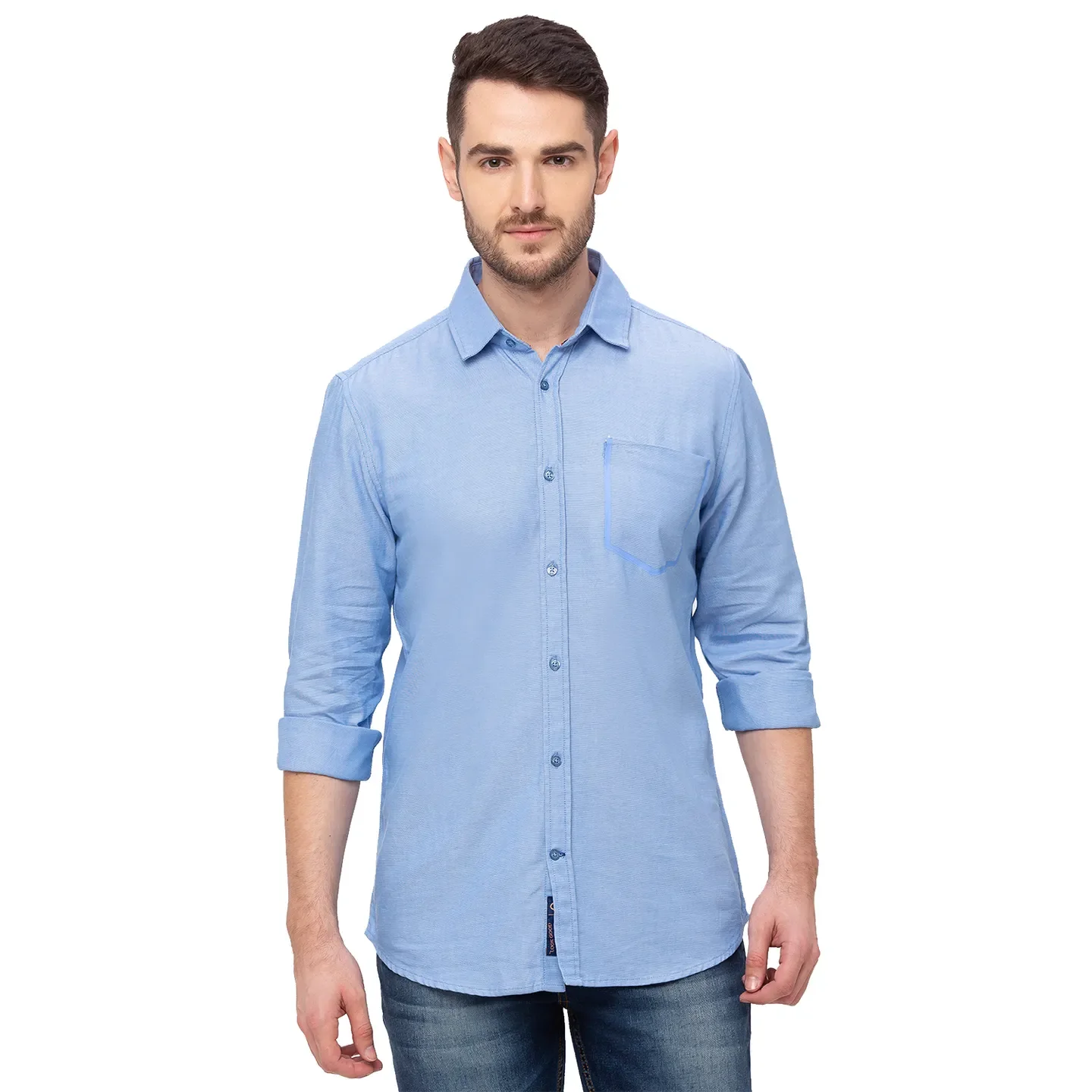 Blue Slim Straight Fit Regular Collar Long Sleeves Cotton Men's Shirt by Being Human Clothing