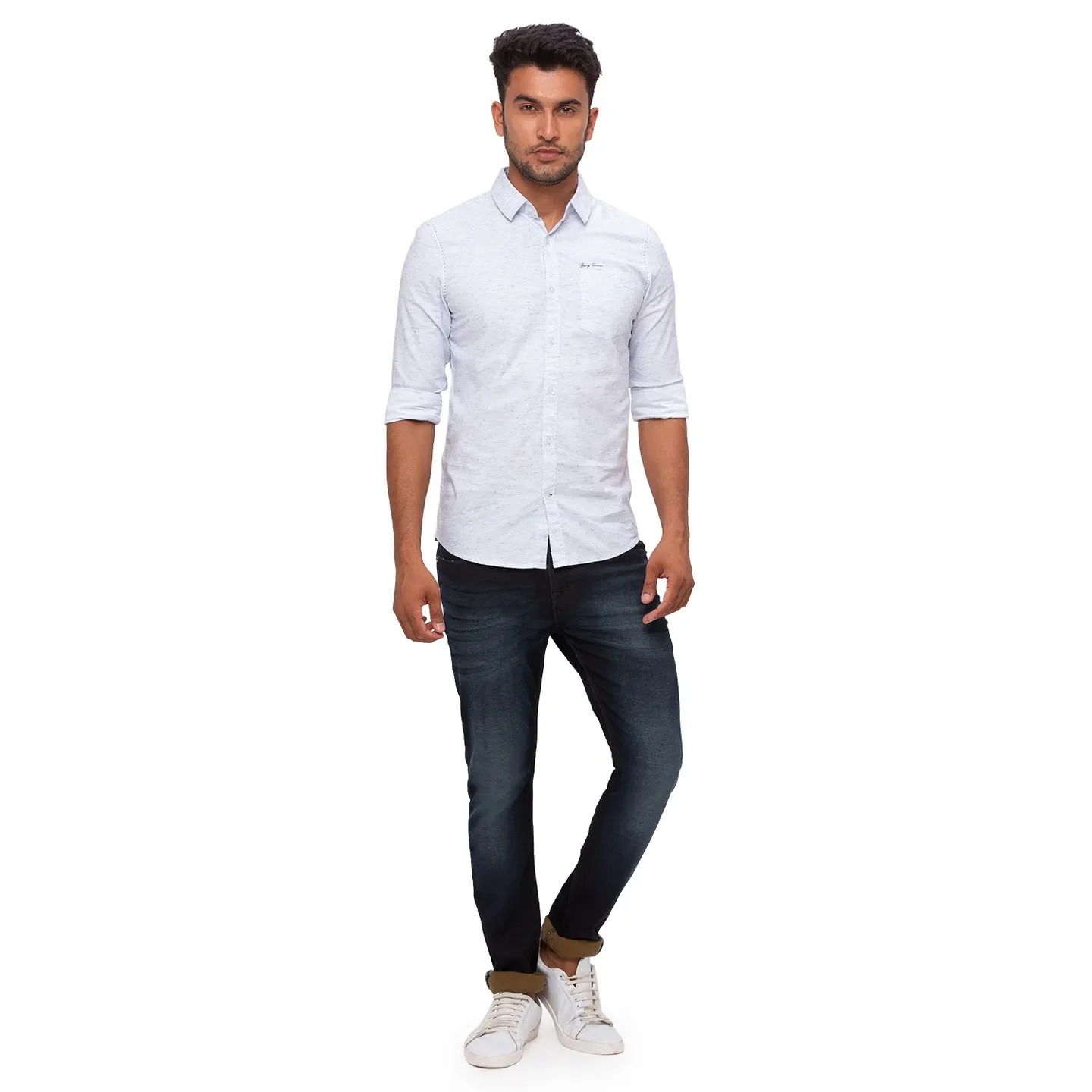Blue Slim Straight Fit Regular Collar Long Sleeves Cotton Men's Shirt by Being Human Clothing - Image 5