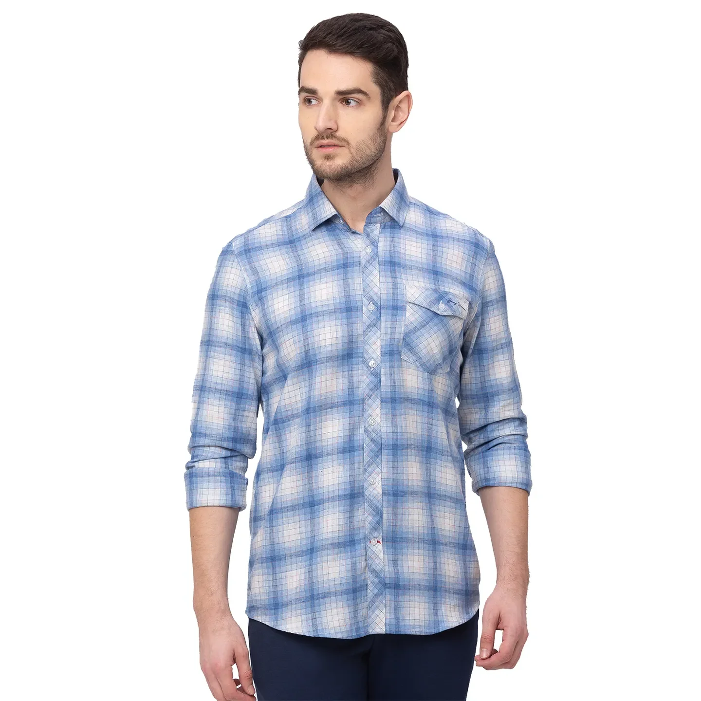 Blue Slim Straight Fit Regular Collar Long Sleeves Cotton Men's Shirt by Being Human Clothing
