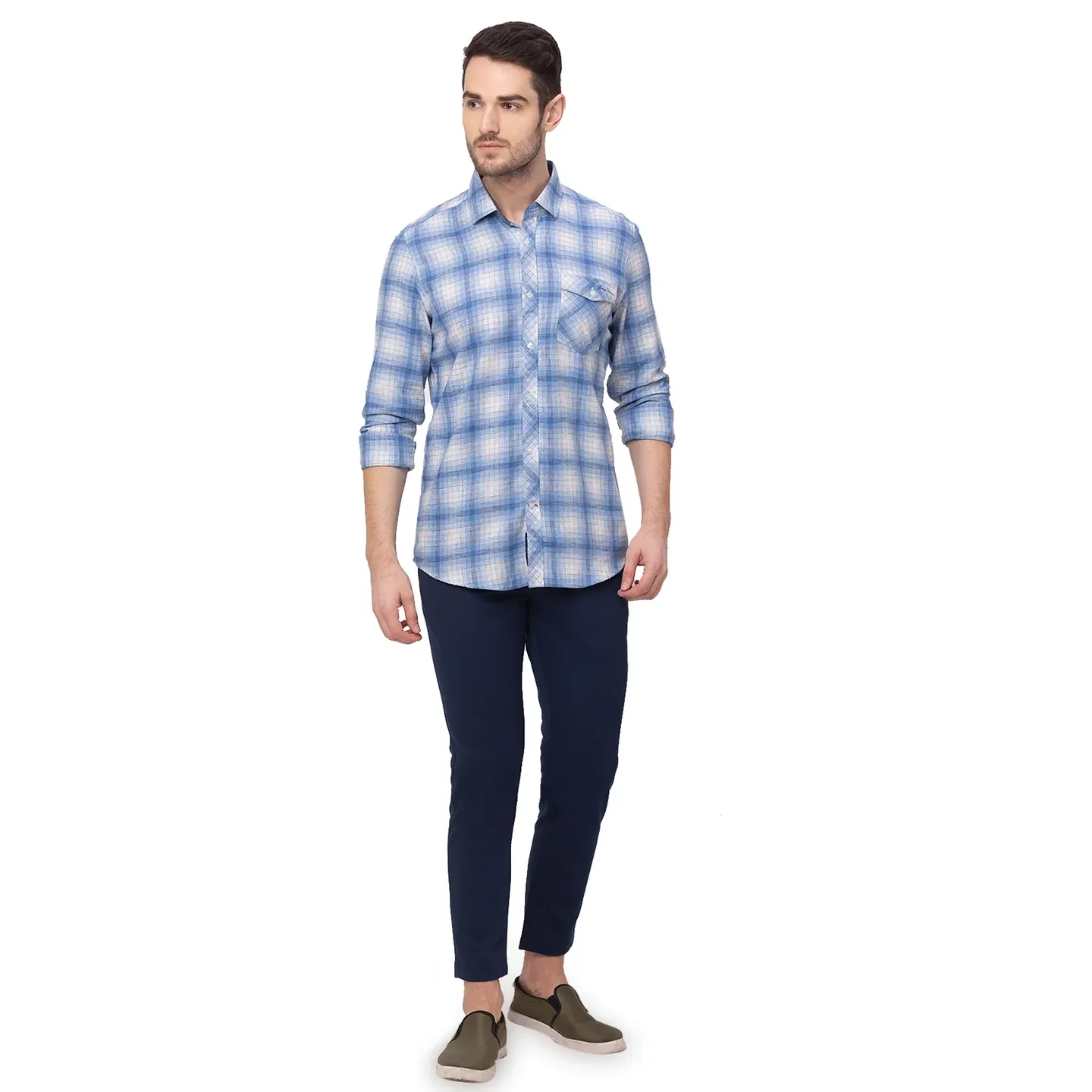 Blue Slim Straight Fit Regular Collar Long Sleeves Cotton Men's Shirt by Being Human Clothing - Image 6
