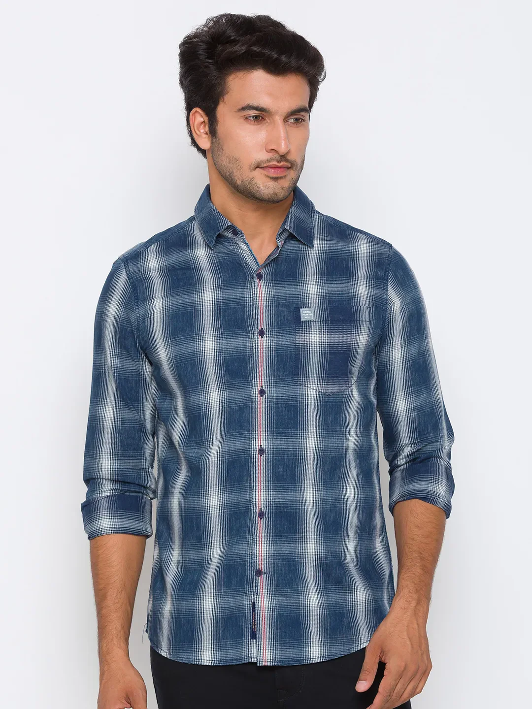 Blue Slim Straight Fit Regular Collar Long Sleeves Cotton Men's Shirt by Being Human Clothing