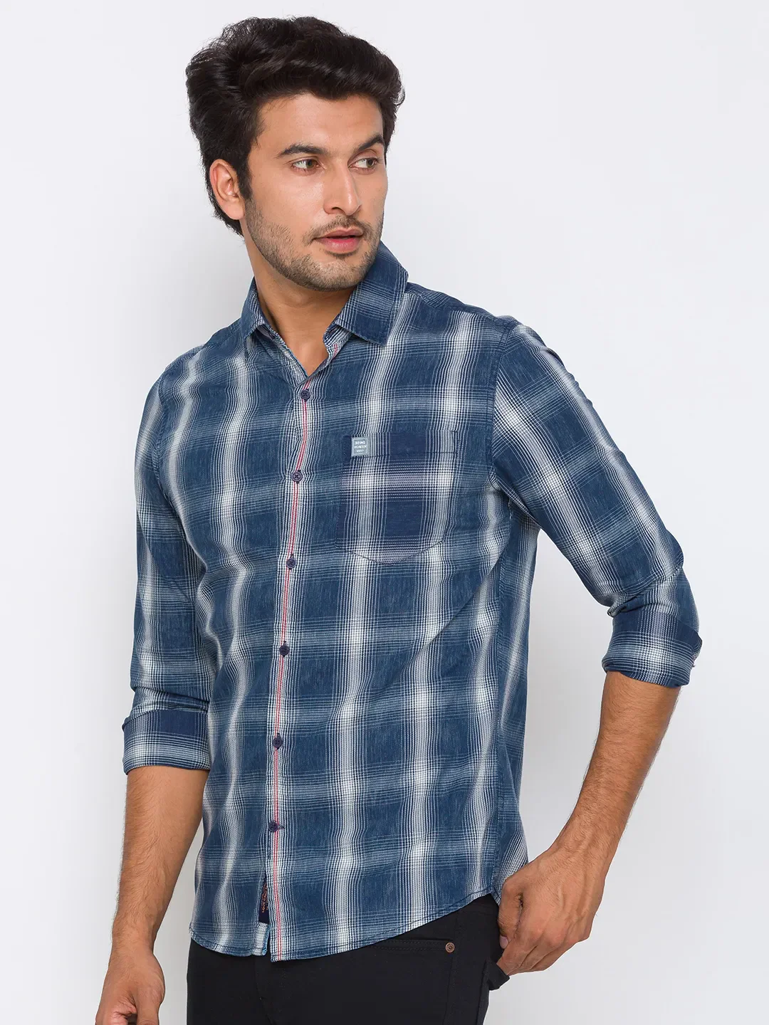 Blue Slim Straight Fit Regular Collar Long Sleeves Cotton Men's Shirt by Being Human Clothing - Image 2