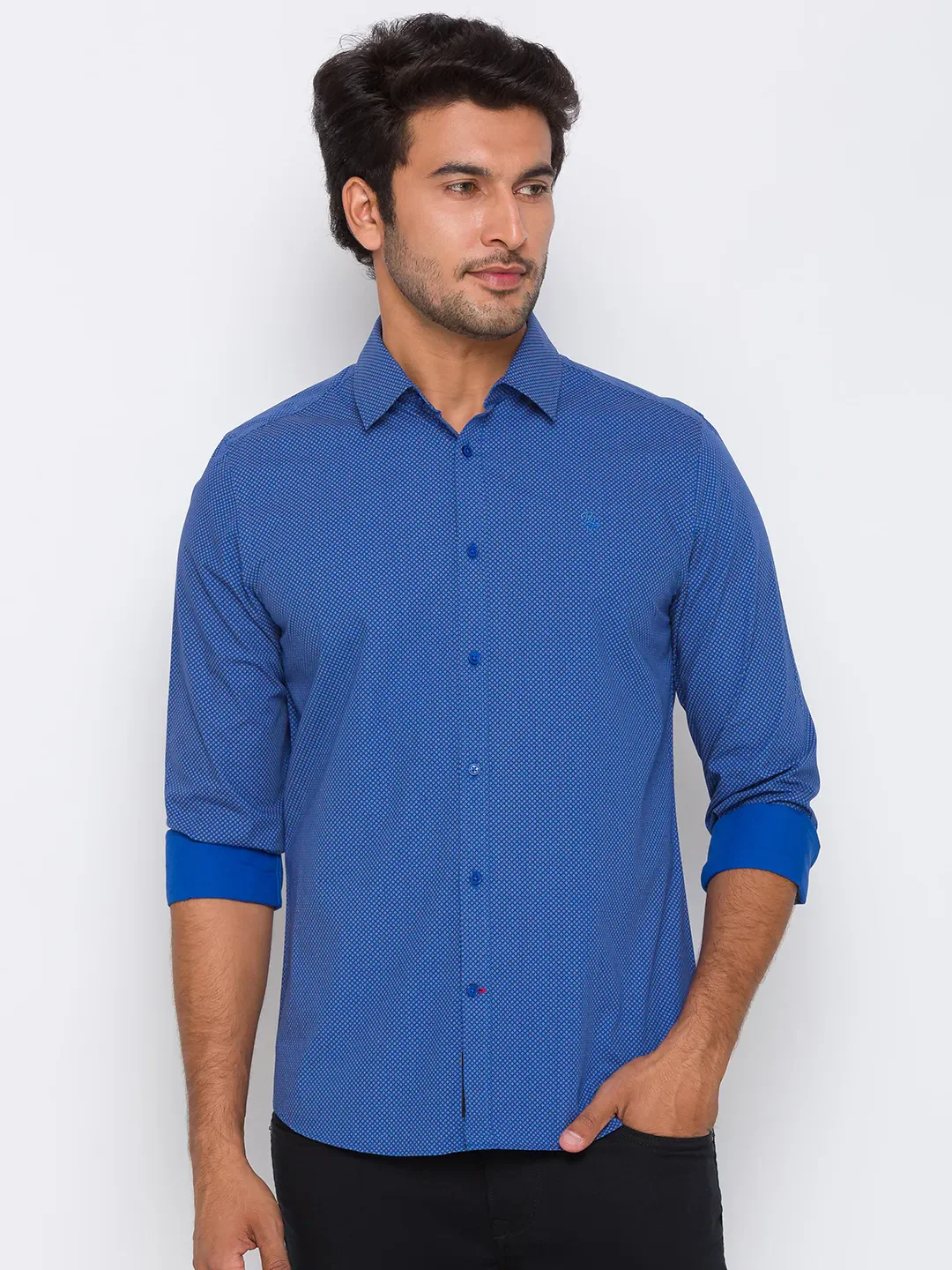 Blue Slim Straight Fit Regular Collar Long Sleeves Cotton Men's Shirt by Being Human Clothing