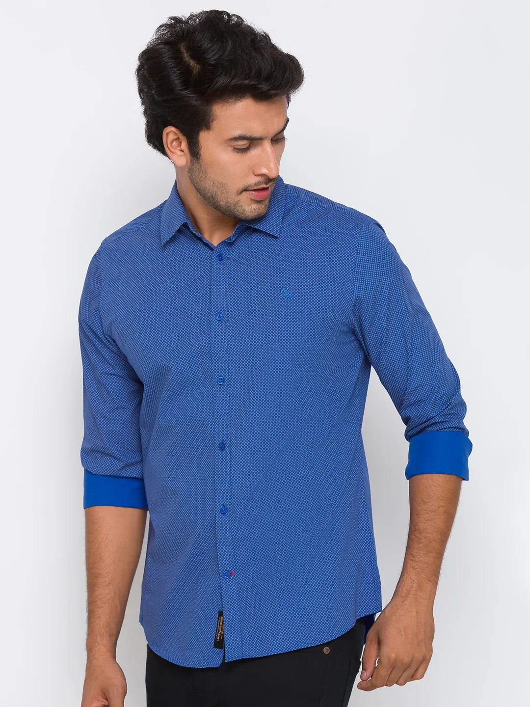 Blue Slim Straight Fit Regular Collar Long Sleeves Cotton Men's Shirt by Being Human Clothing - Image 2