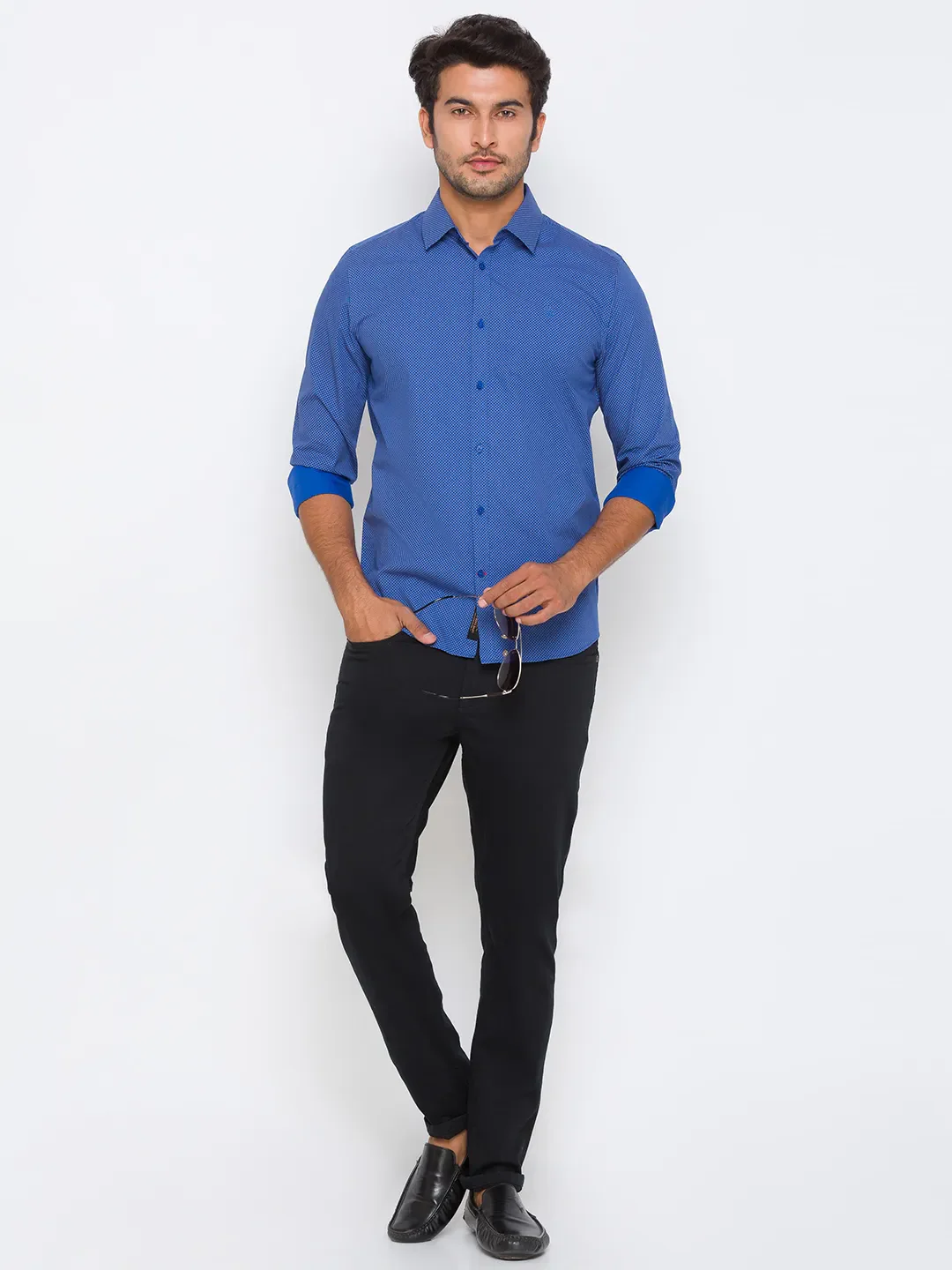 Blue Slim Straight Fit Regular Collar Long Sleeves Cotton Men's Shirt by Being Human Clothing - Image 5