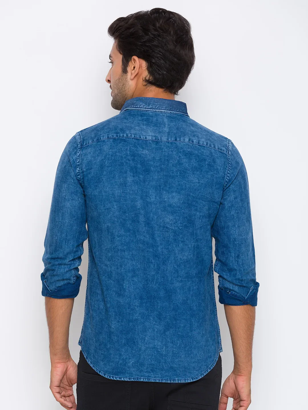 Blue Slim Straight Fit Regular Collar Long Sleeves Cotton Men's Shirt by Being Human Clothing - Image 4