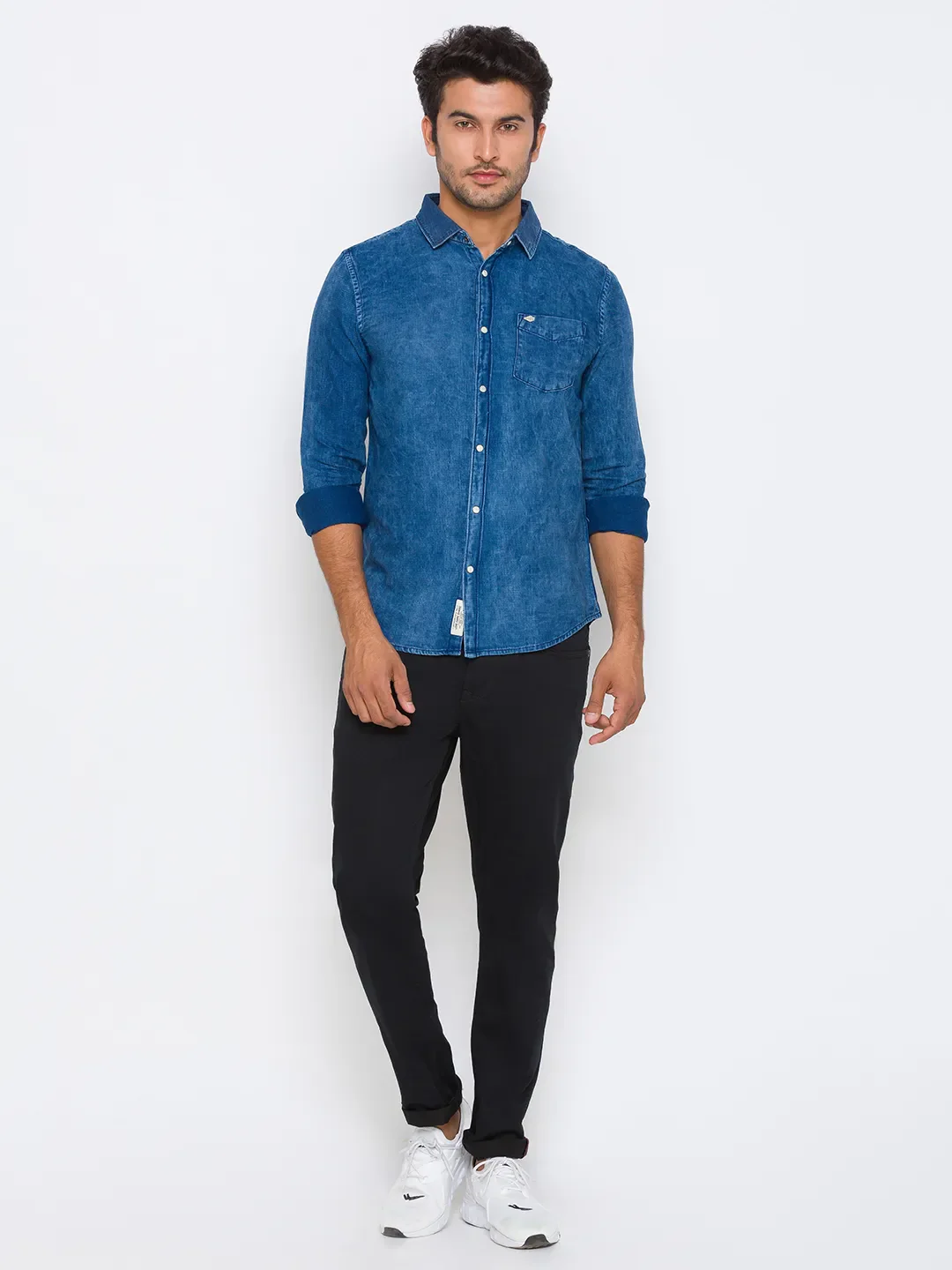 Blue Slim Straight Fit Regular Collar Long Sleeves Cotton Men's Shirt by Being Human Clothing - Image 5