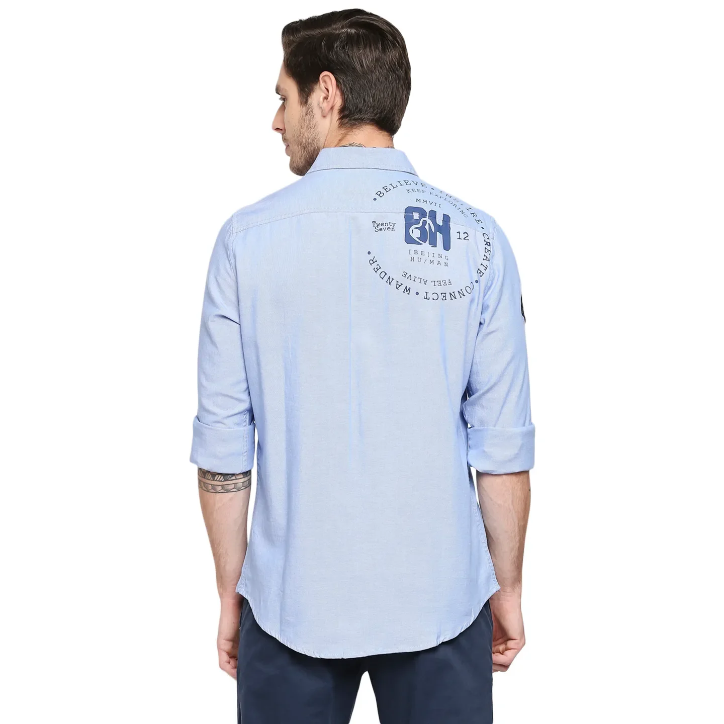 Blue Slim Straight Fit Regular Collar Long Sleeves Cotton Men's Shirt by Being Human Clothing - Image 4