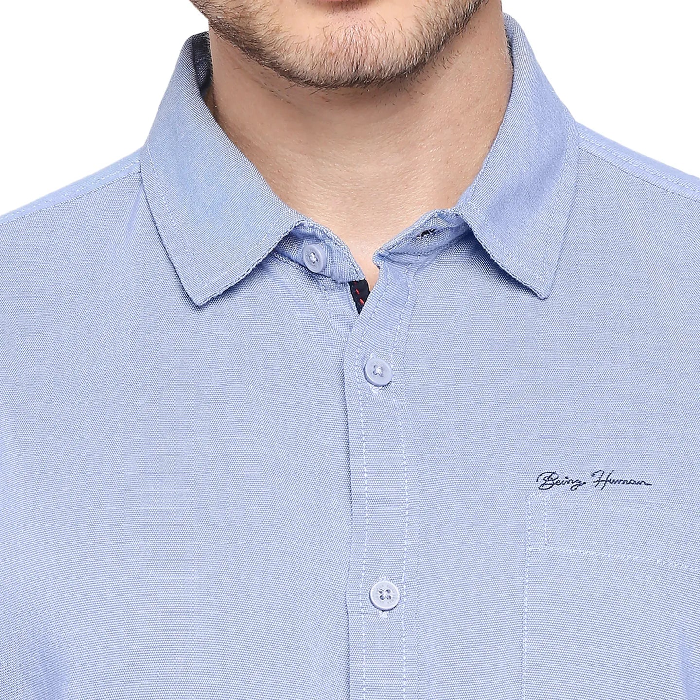 Blue Slim Straight Fit Regular Collar Long Sleeves Cotton Men's Shirt by Being Human Clothing - Image 5