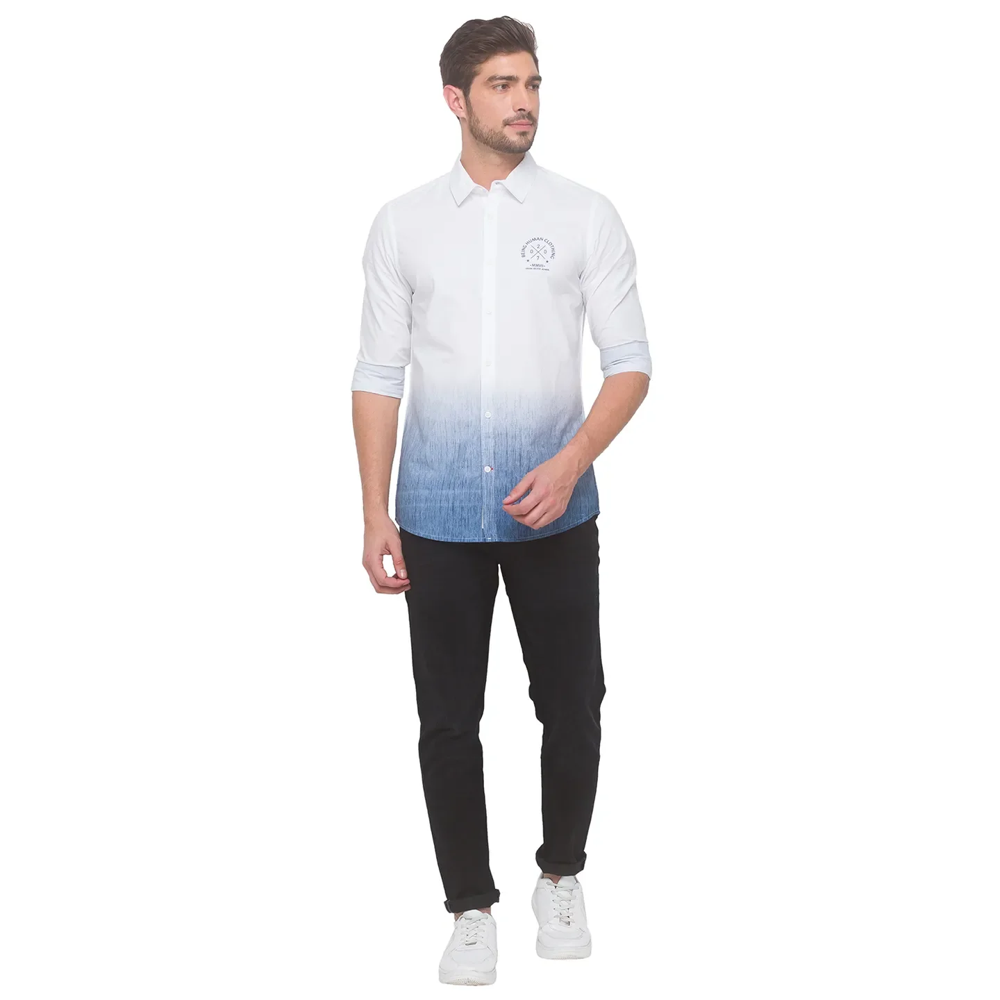 Blue Slim Straight Fit Regular Collar Long Sleeves Cotton Men's Shirt by Being Human Clothing - Image 5