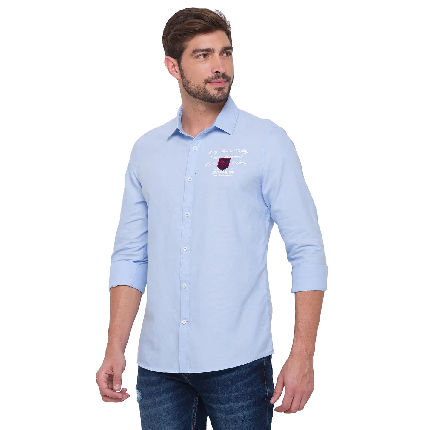 Blue Slim Straight Fit Regular Collar Long Sleeves Cotton Men's Shirt by Being Human Clothing