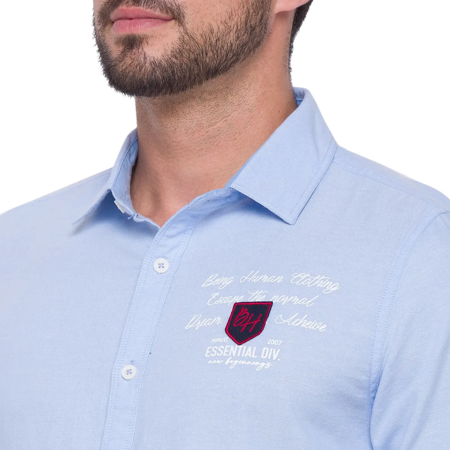 Blue Slim Straight Fit Regular Collar Long Sleeves Cotton Men's Shirt by Being Human Clothing - Image 3