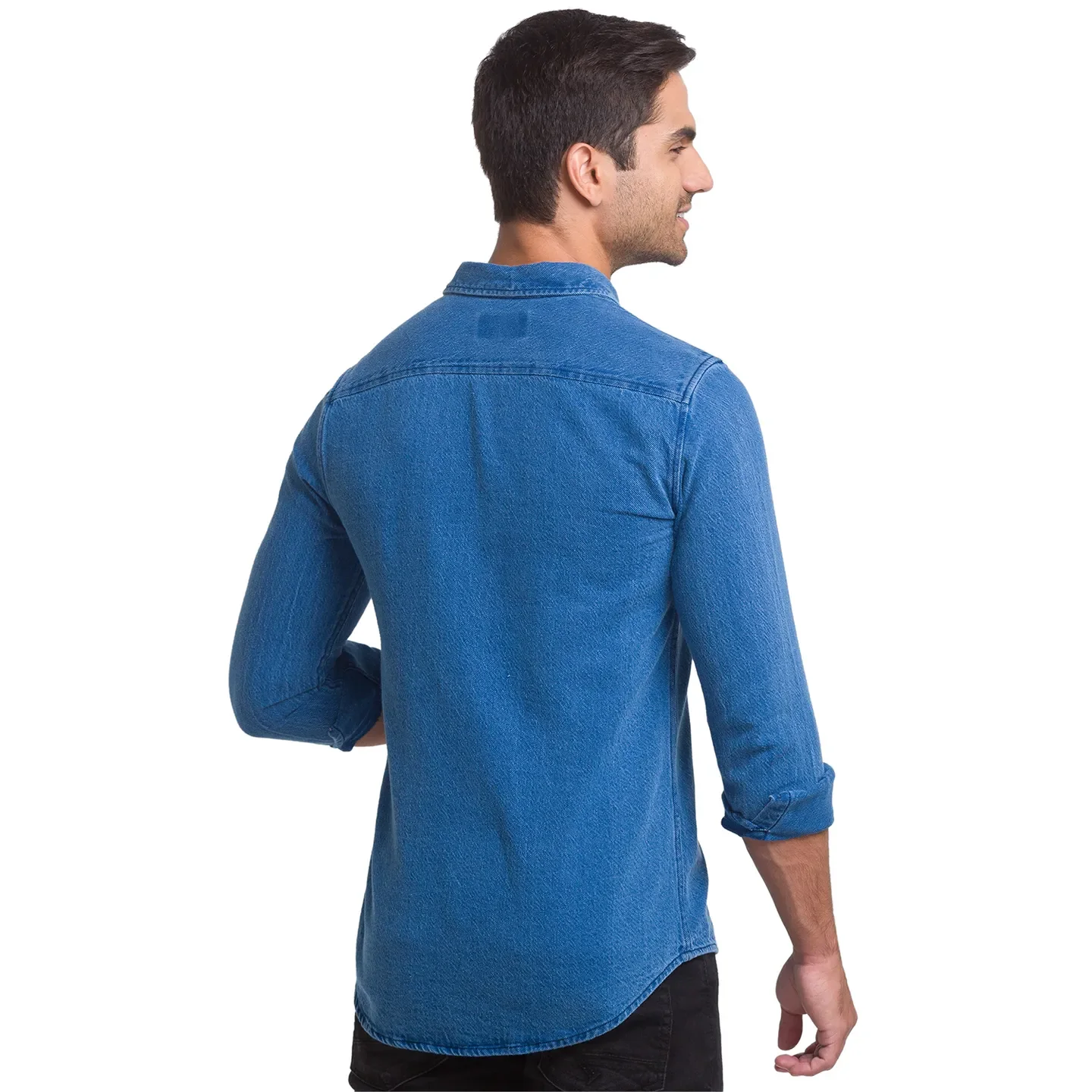 Blue Slim Straight Fit Regular Collar Long Sleeves Cotton Men's Shirt by Being Human Clothing - Image 5