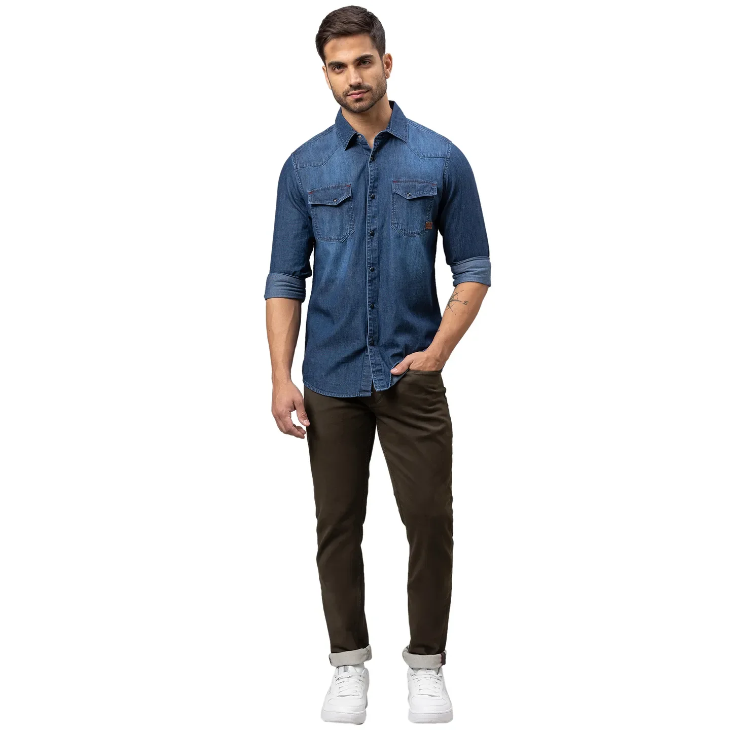 Blue Slim Straight Fit Regular Collar Long Sleeves Cotton Men's Shirt by Being Human Clothing - Image 2