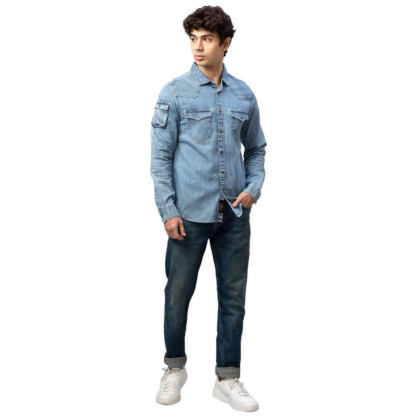 Blue Slim Straight Fit Regular Collar Long Sleeves Cotton Men's Shirt by Being Human Clothing - Image 2