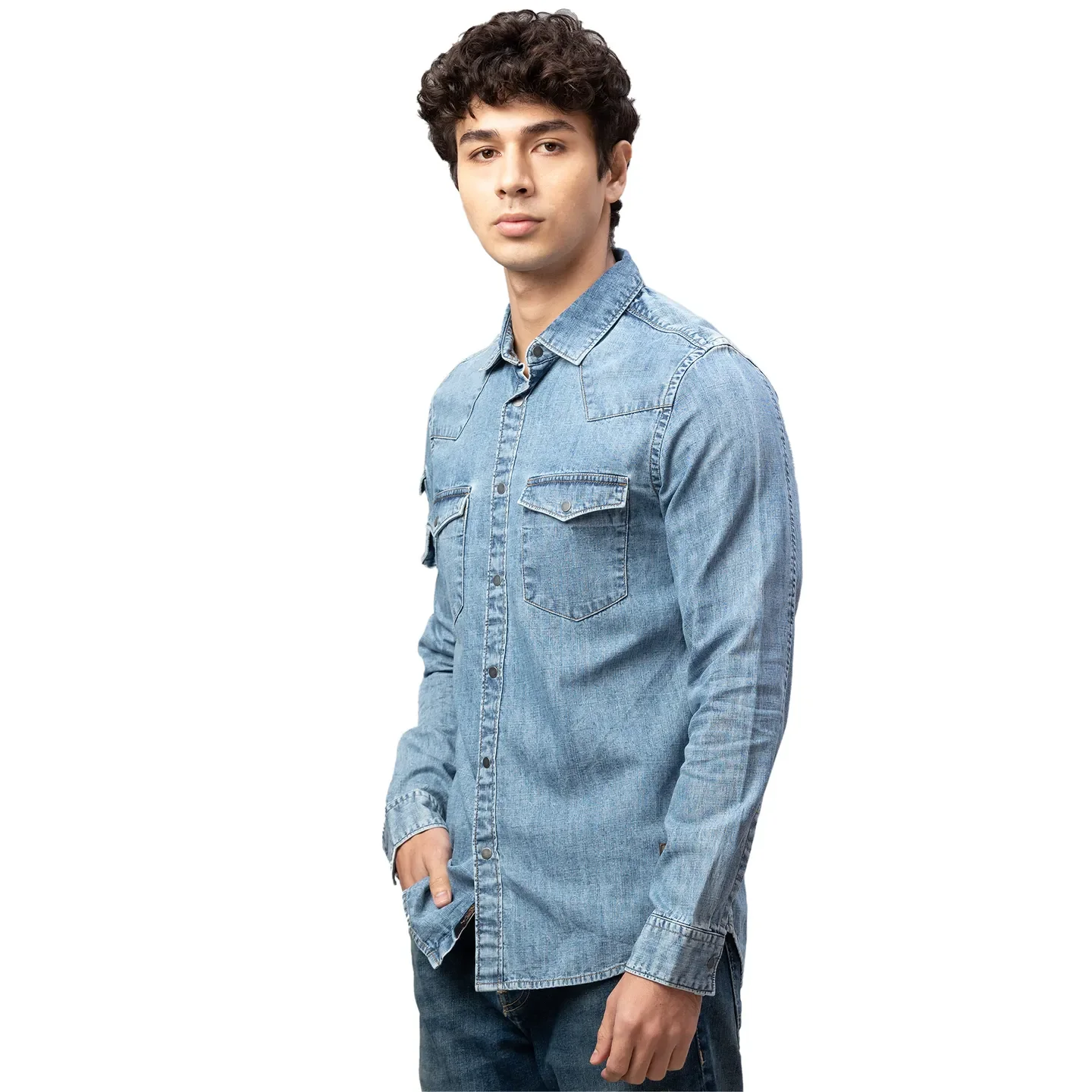 Blue Slim Straight Fit Regular Collar Long Sleeves Cotton Men's Shirt by Being Human Clothing - Image 4