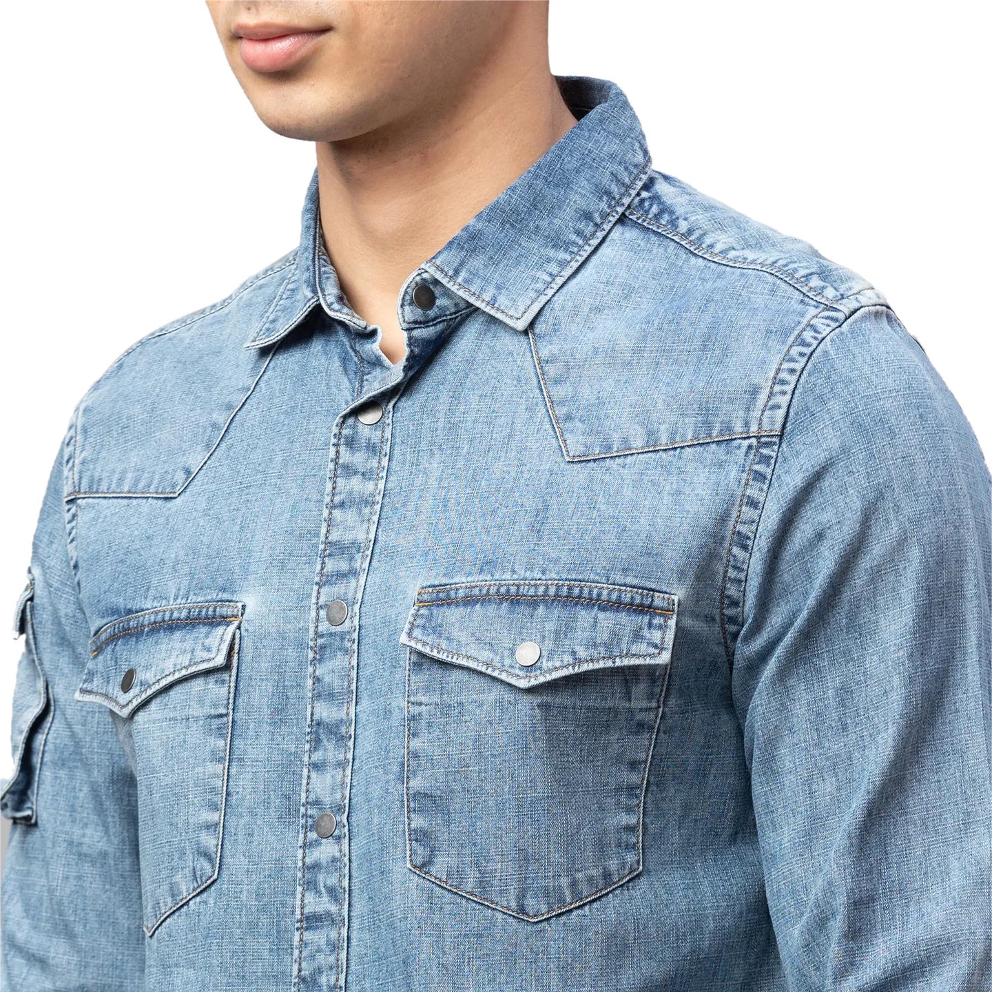 Blue Slim Straight Fit Regular Collar Long Sleeves Cotton Men's Shirt by Being Human Clothing - Image 5