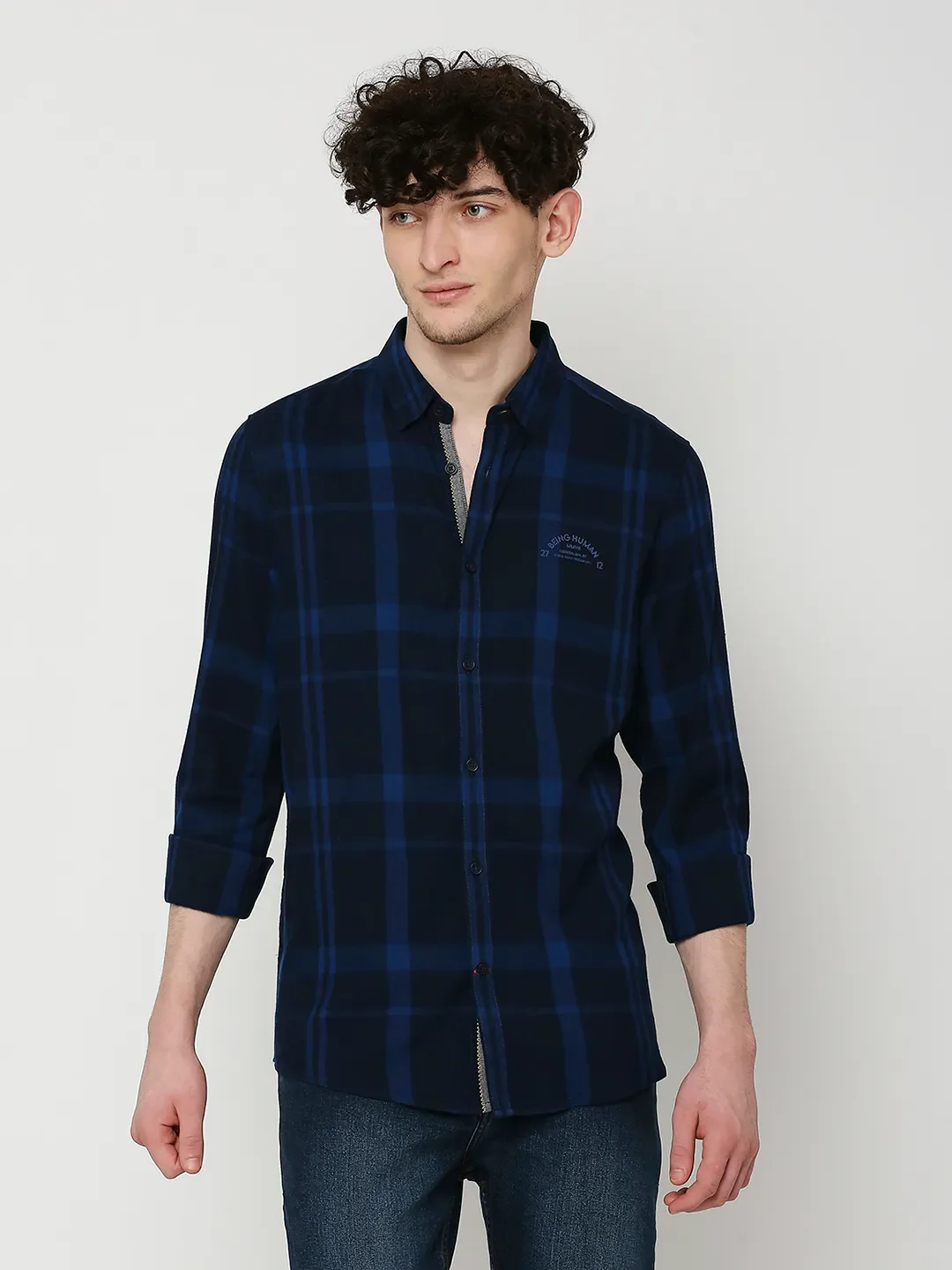 Blue Slim Fit Regular Collar Men's Shirt by Being Human Clothing