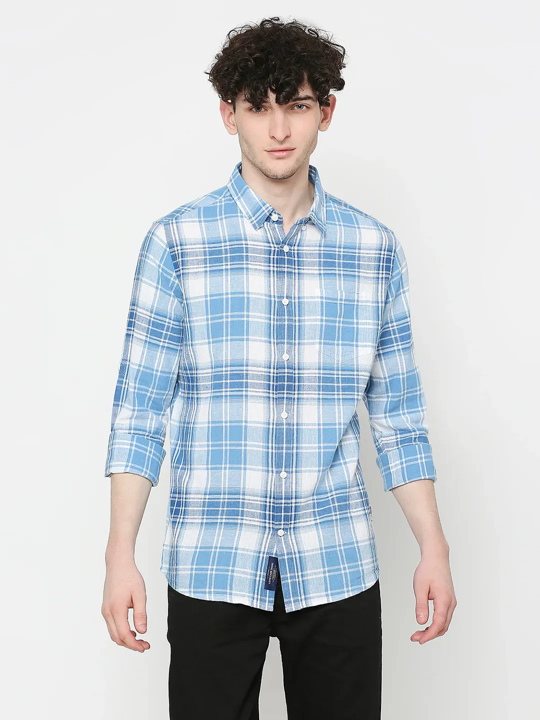 Blue Slim Straight Fit Regular Collar Long Sleeves Tencil Men's Shirt by Being Human Clothing