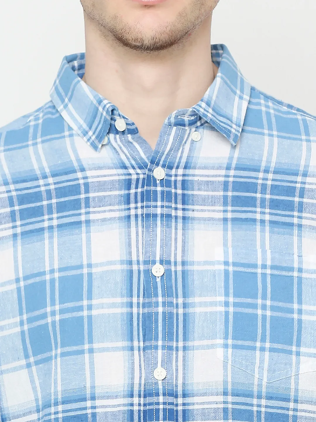 Blue Slim Straight Fit Regular Collar Long Sleeves Tencil Men's Shirt by Being Human Clothing - Image 5