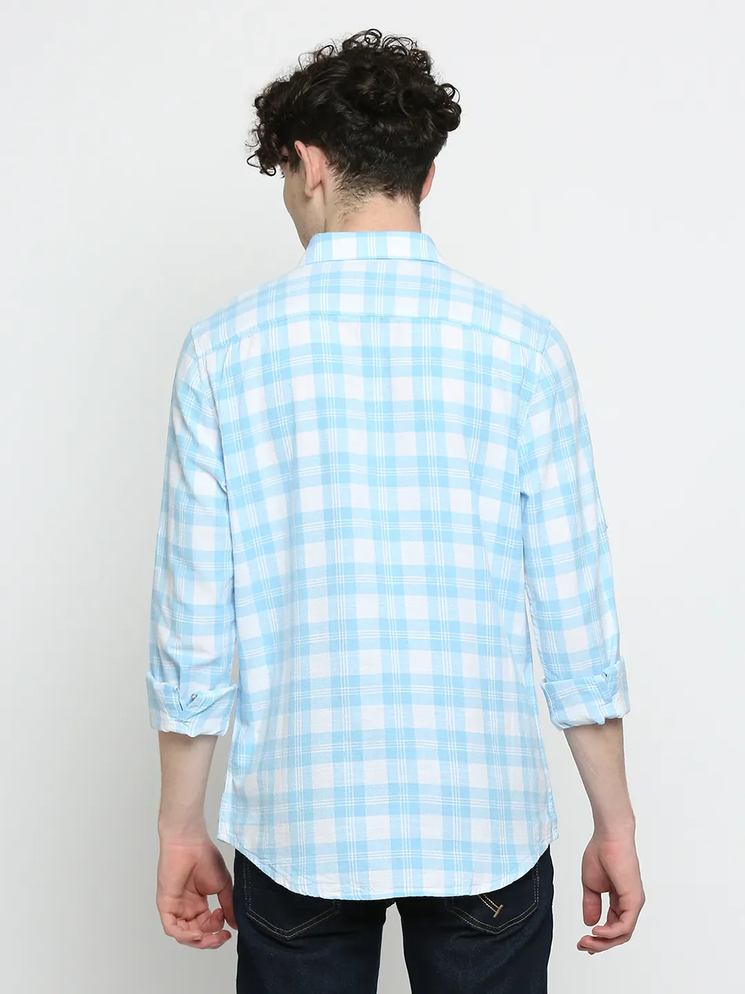 Blue Slim Straight Fit Regular Collar Long Sleeves Cotton Men's Shirt by Being Human Clothing - Image 4