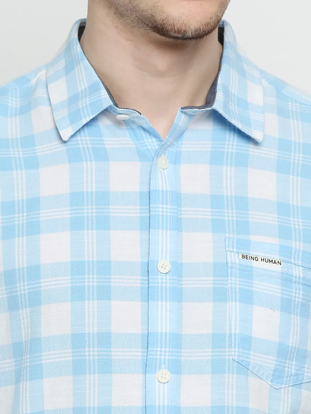 Blue Slim Straight Fit Regular Collar Long Sleeves Cotton Men's Shirt by Being Human Clothing - Image 5