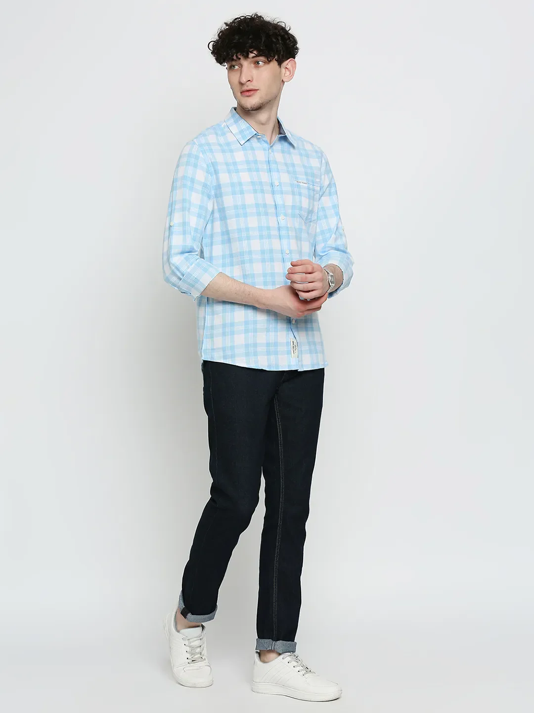 Blue Slim Straight Fit Regular Collar Long Sleeves Cotton Men's Shirt by Being Human Clothing - Image 6