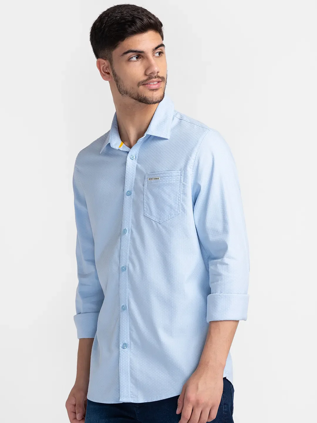 Blue Slim Straight Fit Regular Collar Long Sleeves Cotton Men's Shirt by Being Human Clothing - Image 4