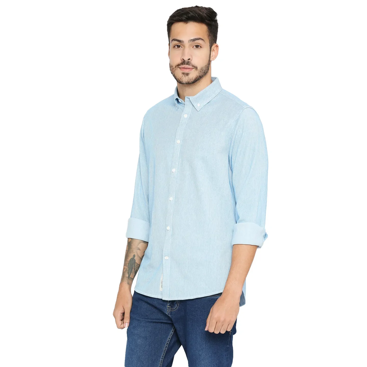 Blue Slim Straight Fit Regular Collar Long Sleeves Cotton Men's Shirt by Being Human Clothing - Image 2