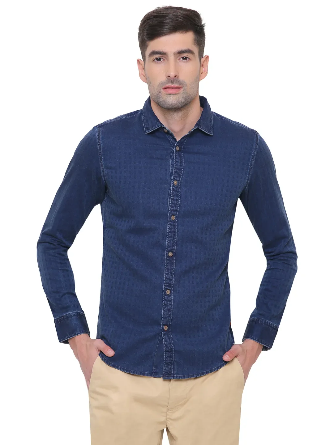 Blue Regular Fit Regular Collar Long Sleeves Cotton Men's Shirt by Being Human Clothing