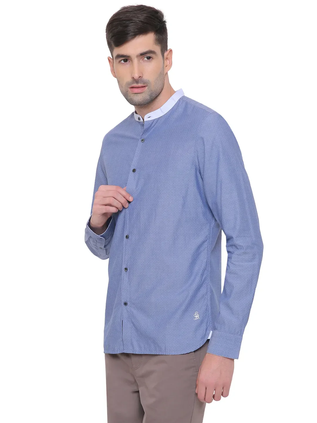 Blue Slim Straight Fit Mandarin Collar Long Sleeves Cotton Men's Shirt by Being Human Clothing - Image 2