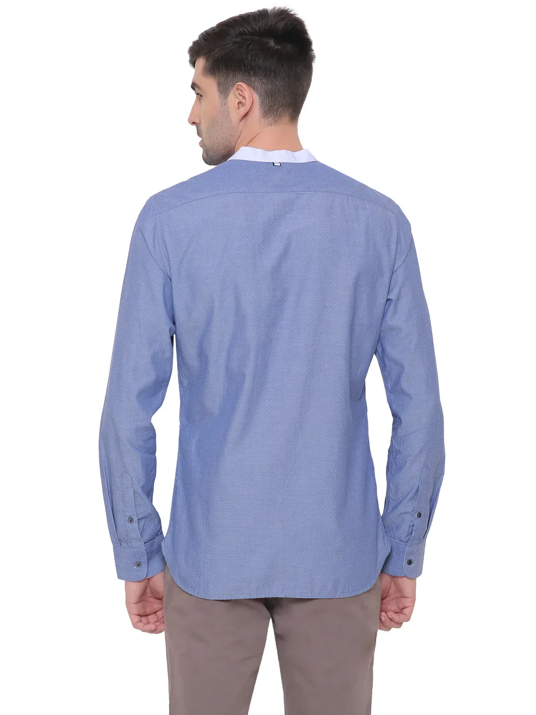 Blue Slim Straight Fit Mandarin Collar Long Sleeves Cotton Men's Shirt by Being Human Clothing - Image 3
