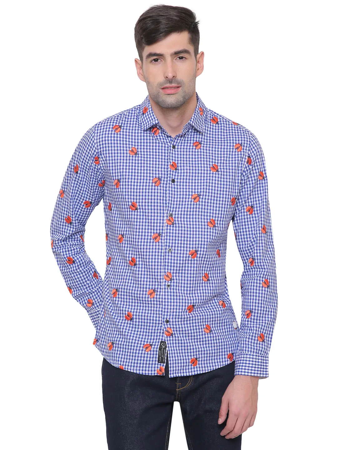 Blue Slim Straight Fit Regular Collar Long Sleeves Cotton Men's Shirt by Being Human Clothing