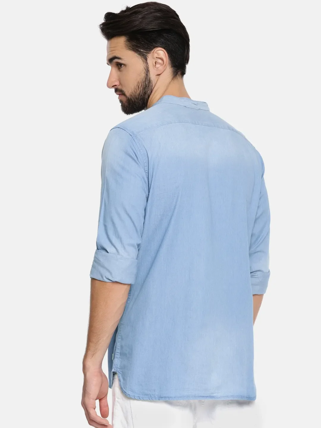 Blue Slim Straight Fit Regular Collar Long Sleeves Cotton Men's Shirt by Being Human Clothing - Image 3