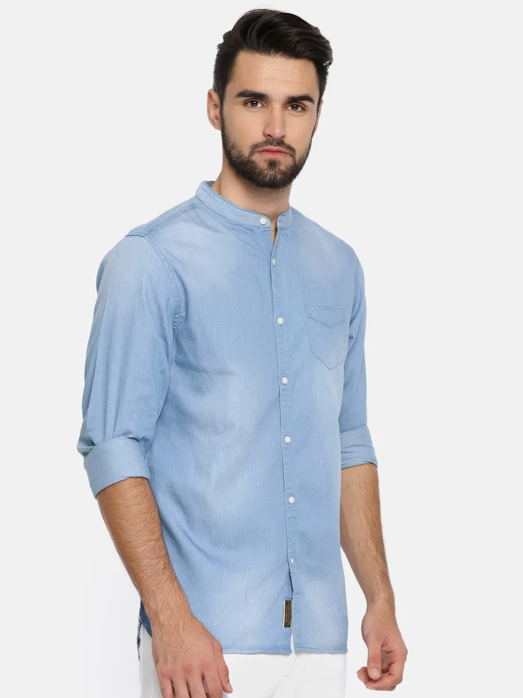 Blue Slim Straight Fit Regular Collar Long Sleeves Cotton Men's Shirt by Being Human Clothing - Image 4