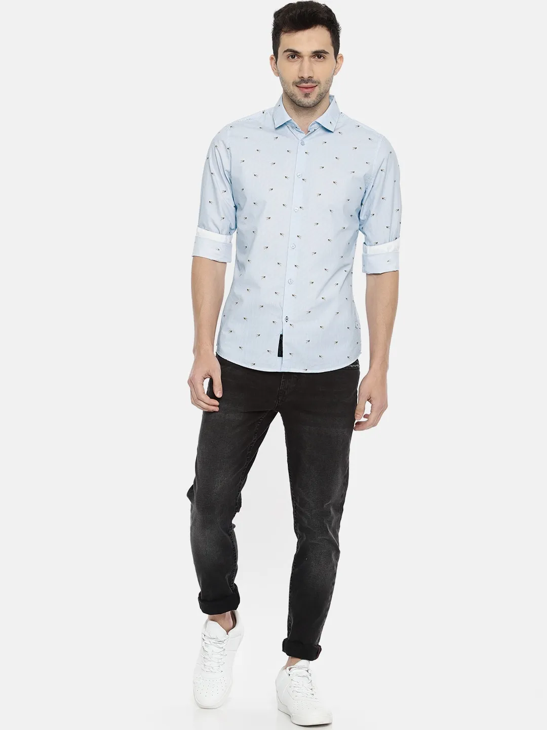 Blue Slim Straight Fit Regular Collar Long Sleeves Cotton Men's Shirt by Being Human Clothing - Image 5
