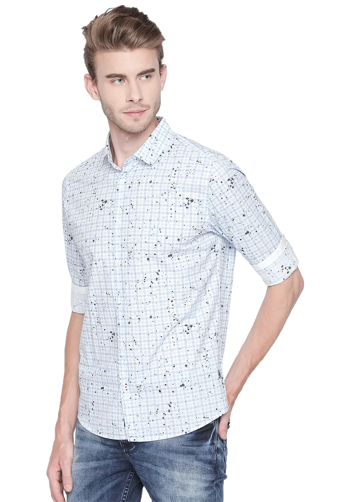 Blue Slim Straight Fit Regular Collar Long Sleeves Cotton Men's Shirt by Being Human Clothing - Image 3