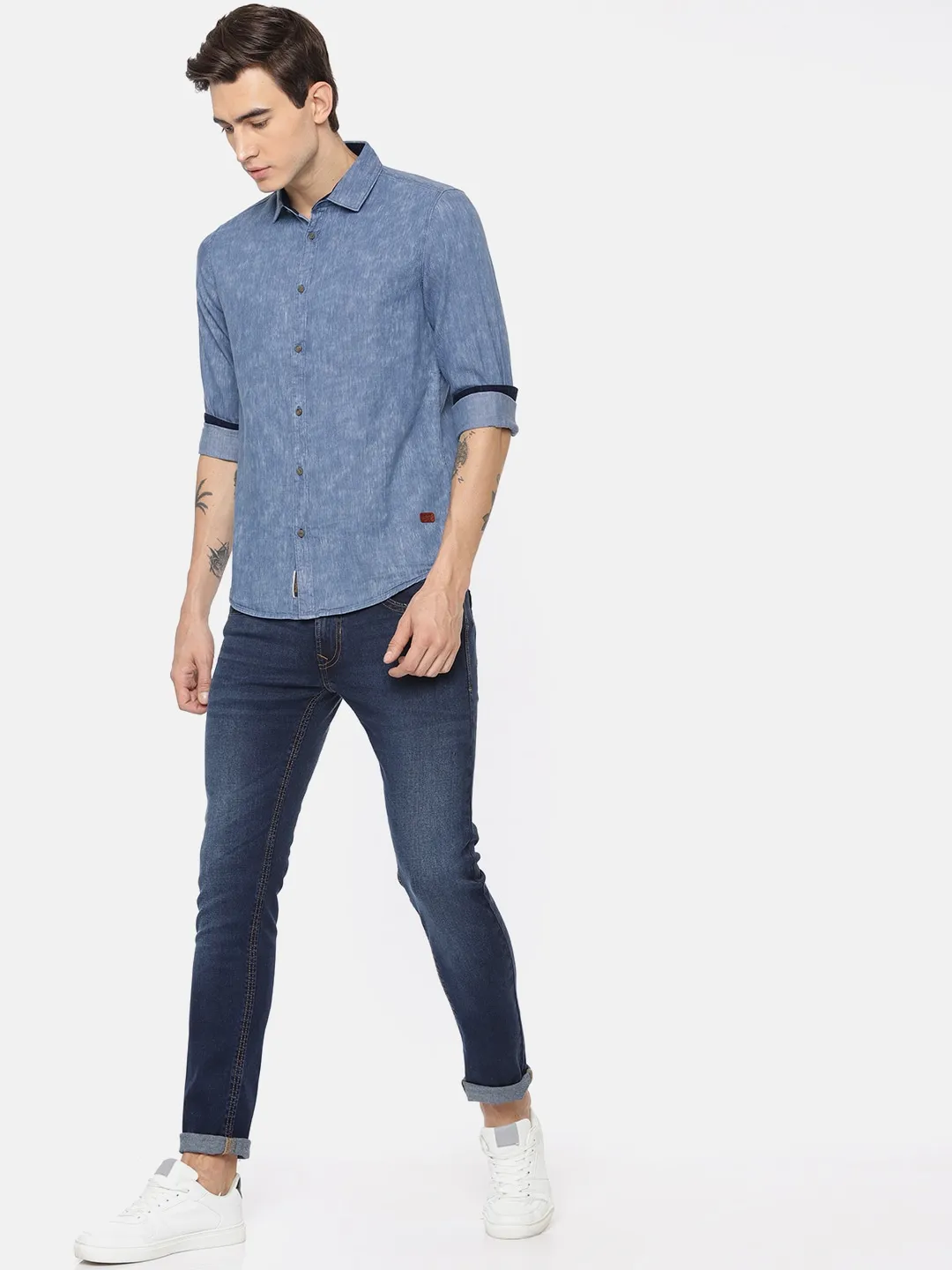 Blue Slim Straight Fit Regular Collar Long Sleeves Cotton Men's Shirt by Being Human Clothing - Image 5