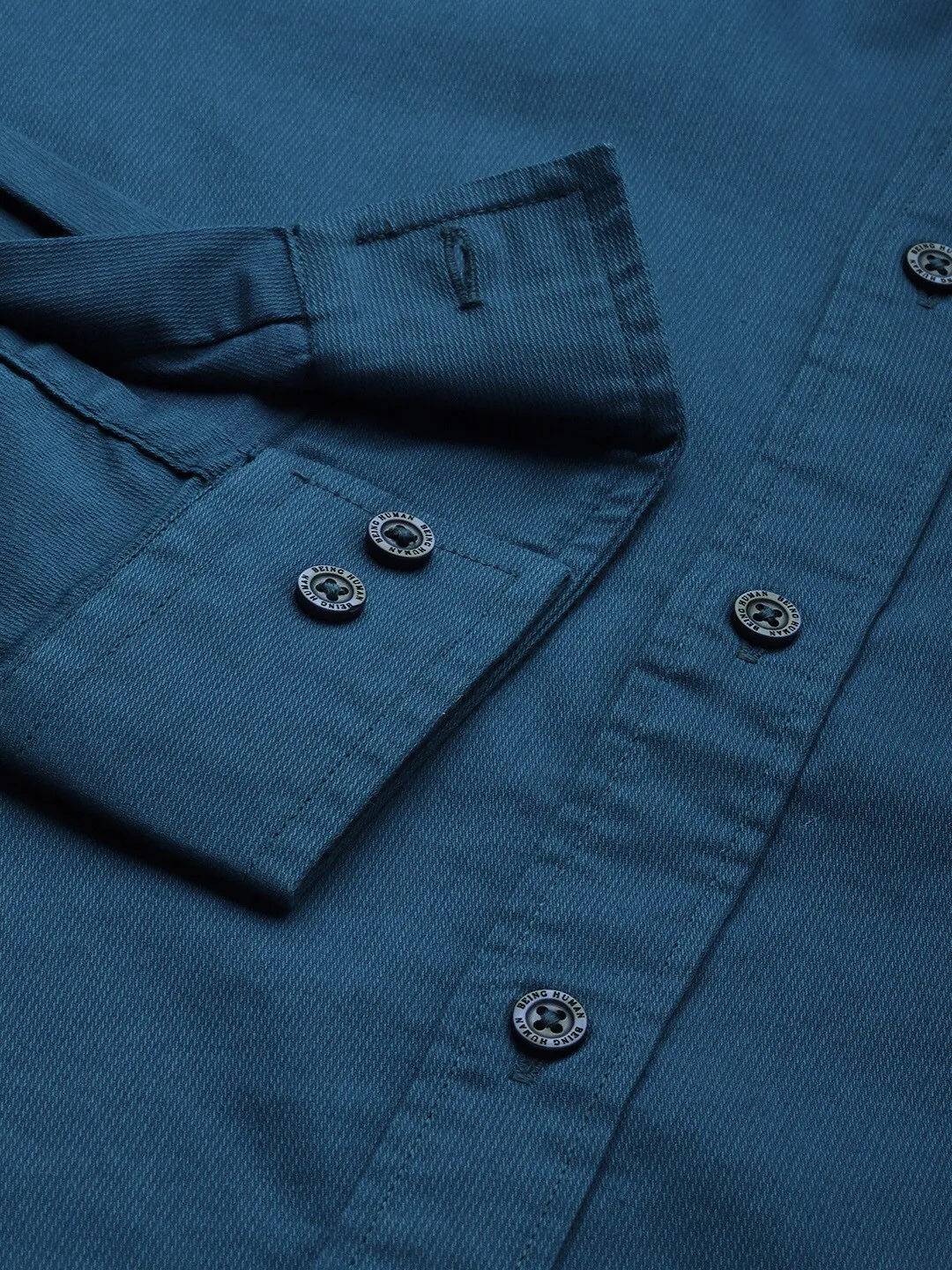 Blue Slim Straight Fit Regular Collar Long Sleeves Men's Shirt by Being Human Clothing - Image 4