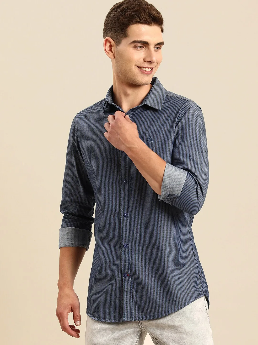 Blue Slim Straight Fit Regular Collar Long Sleeves Men's Shirt by Being Human Clothing - Image 3