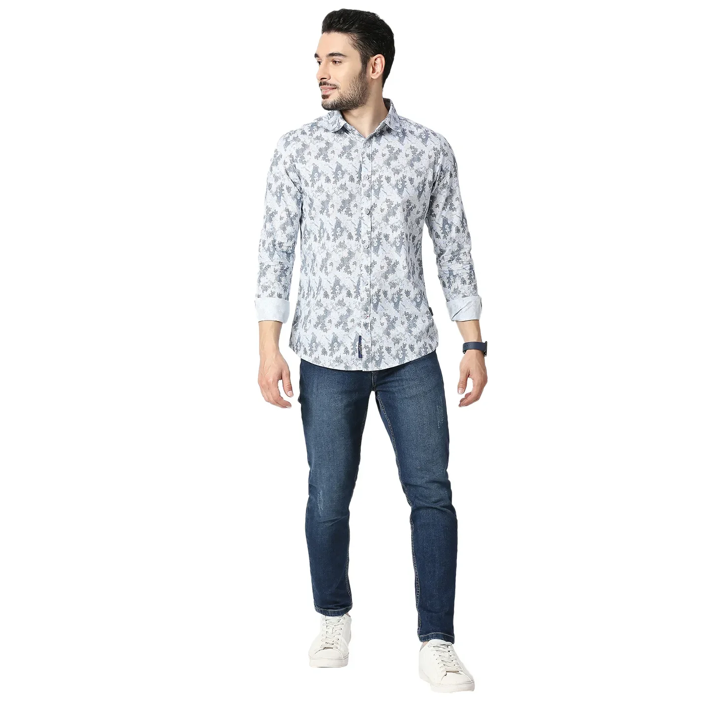 Blue Slim Straight Fit Regular Collar Long Sleeves Cotton Men's Shirt by Being Human Clothing - Image 5