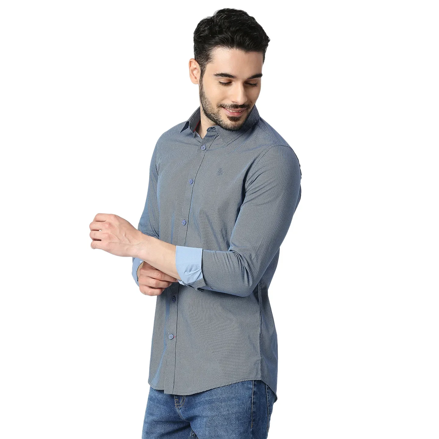 Blue Slim Straight Fit Regular Collar Long Sleeves Cotton Men's Shirt by Being Human Clothing - Image 2