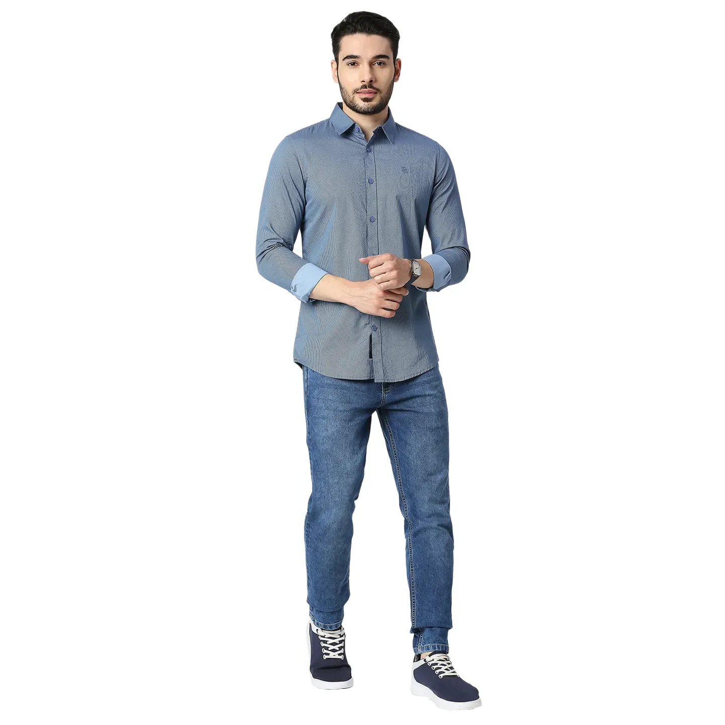 Blue Slim Straight Fit Regular Collar Long Sleeves Cotton Men's Shirt by Being Human Clothing - Image 5