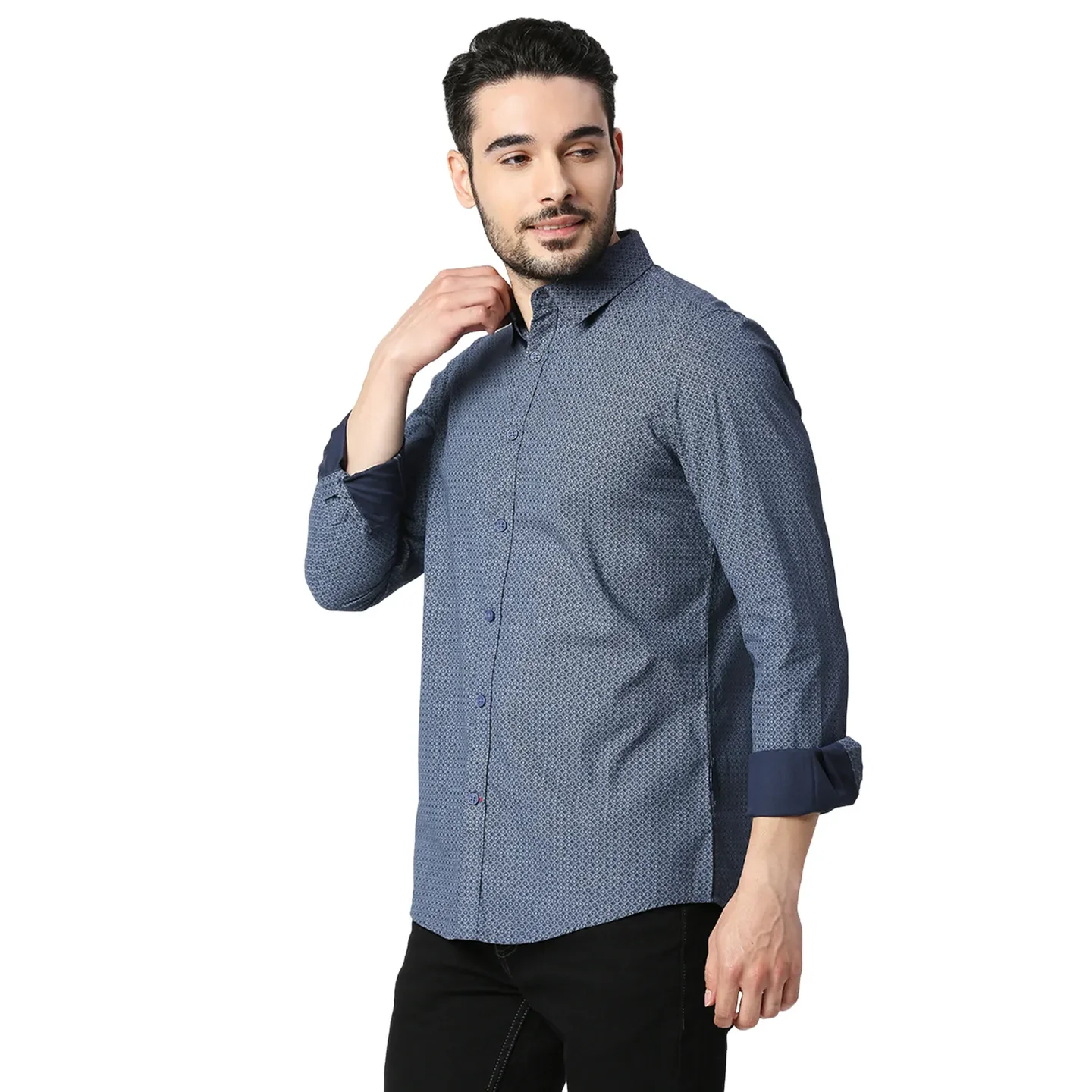 Blue Slim Straight Fit Regular Collar Long Sleeves Cotton Men's Shirt by Being Human Clothing - Image 2